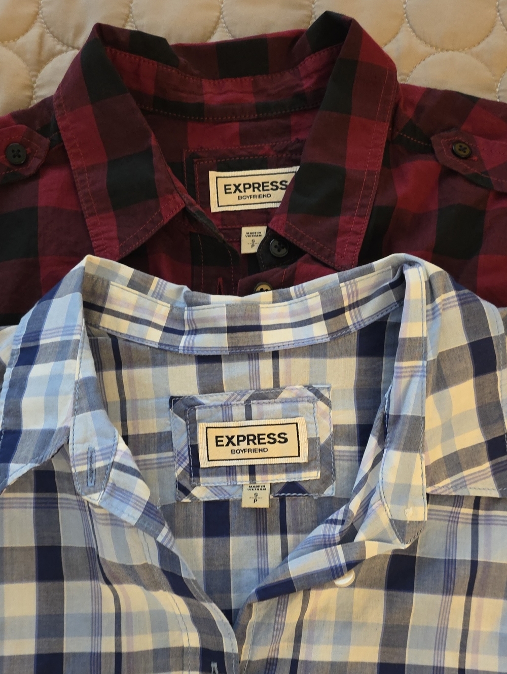 2 Express Boyfriend Plaid Button-Down Shirt - Burgundy & Light Blue